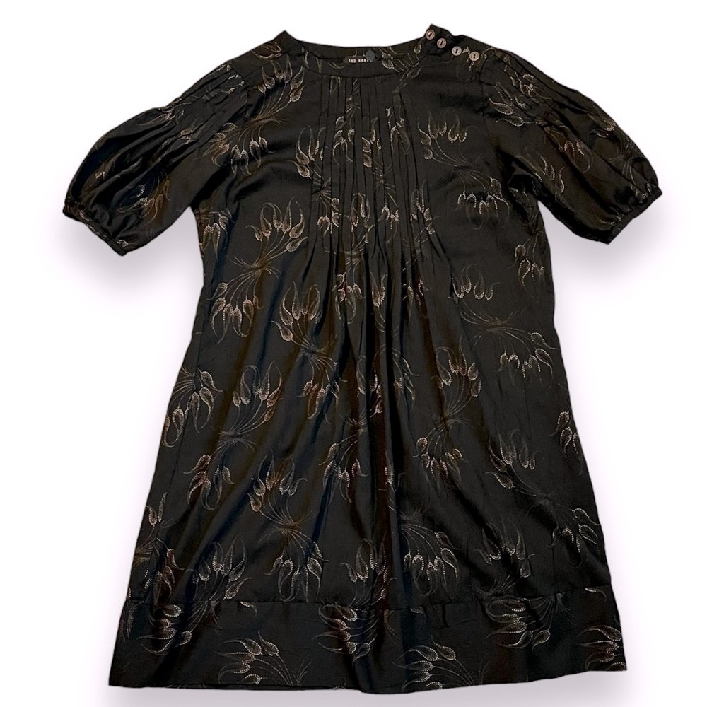 Ted Baker Baby Doll Dress Puff sleeves Pleating  Black Metallic Leaf print  SZ 4